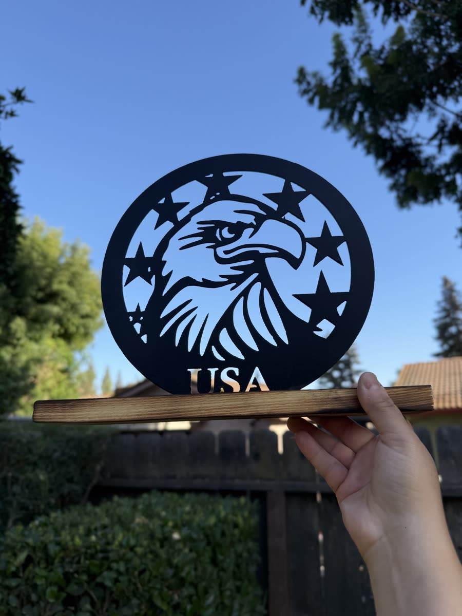 Eagle head and stars cut inside a steel circle above the letters USA.